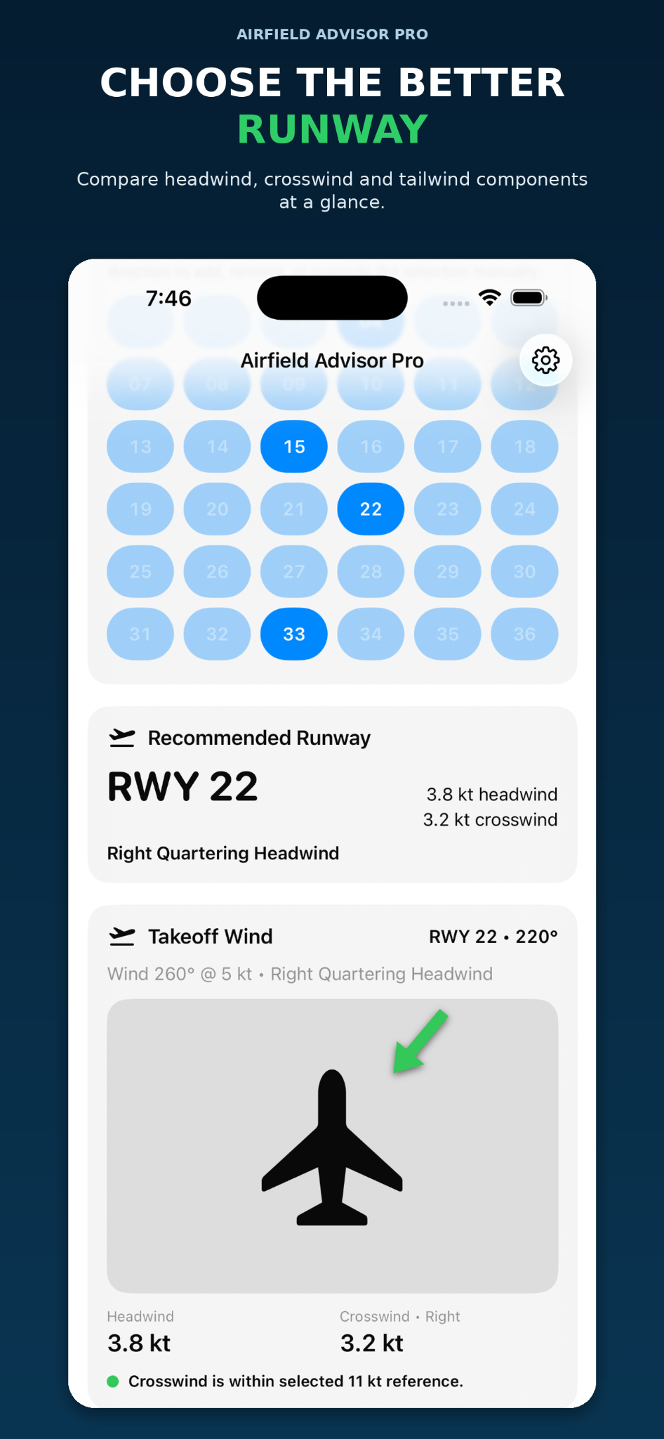 Airfield Advisor Pro recommended runway and wind component screen