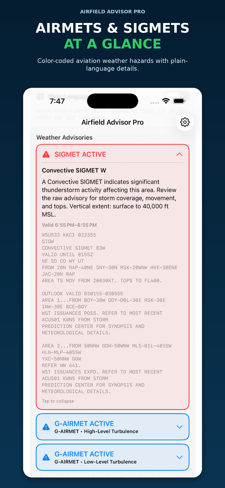 AIRMET and SIGMET alerts