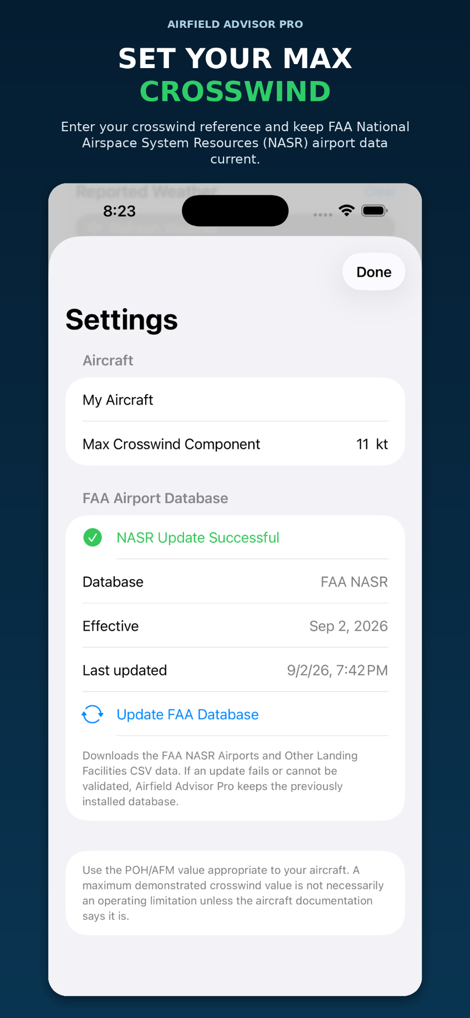 Maximum crosswind and NASR settings